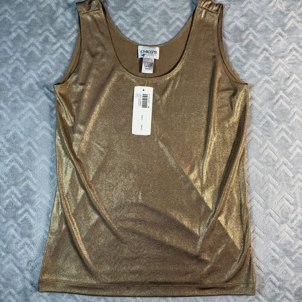 Chico's Travelers Shimmery Gold Tank Top Blouse Size 0 (Small) NWT Dressy Shirt